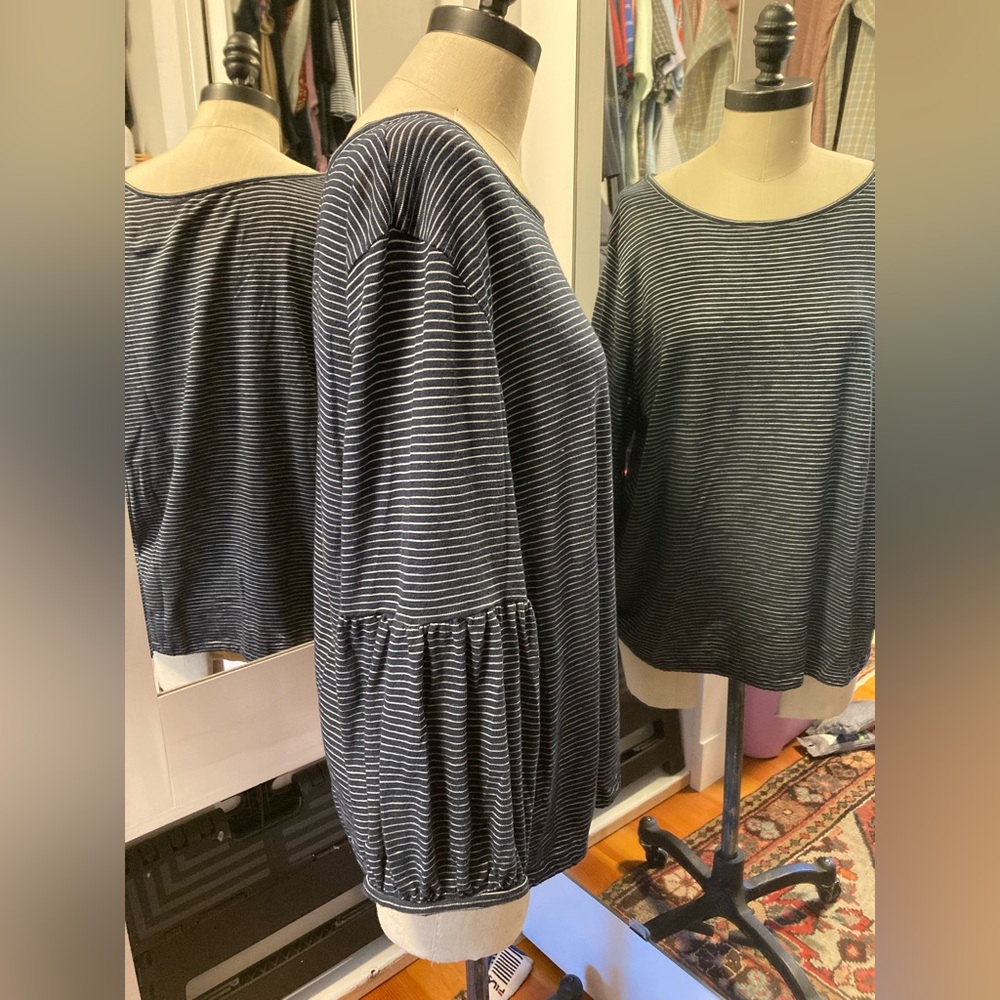 LOFT Striped Navy and White Women's Top with 3/4 Trumpet Sleeves, Size XL - Picture 2 of 10